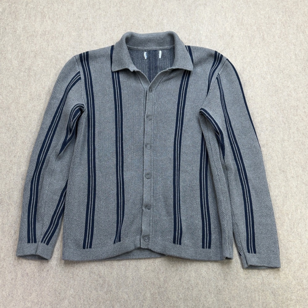 Vintage Knit Cardigan Sweater Mens Gray Striped Retro Mod Grandpacore Dadcore